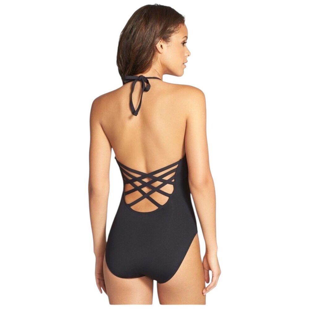 La Blanca Black Plunge Control Cross Strappy Back Maillot Swimsuit Size 14
